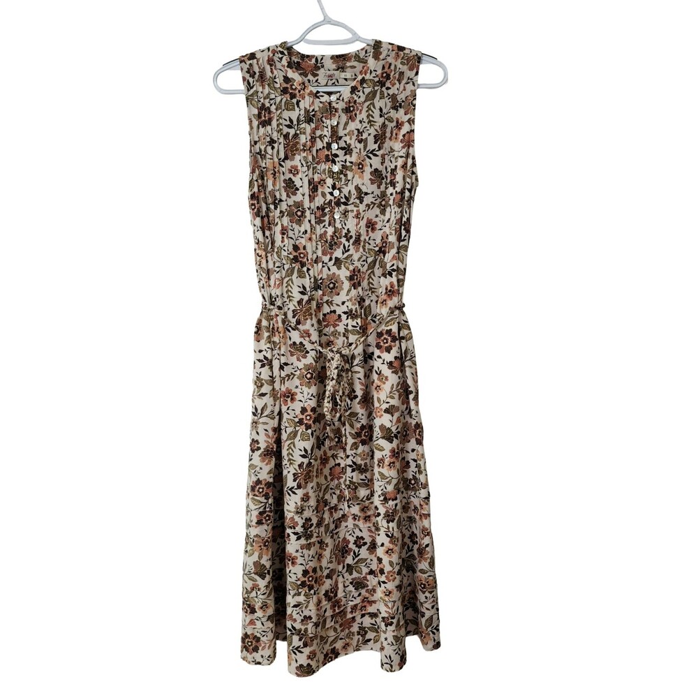 Faherty Isha Linen Blend Midi Dress Taos Floral Earth Brown Belted Size XS